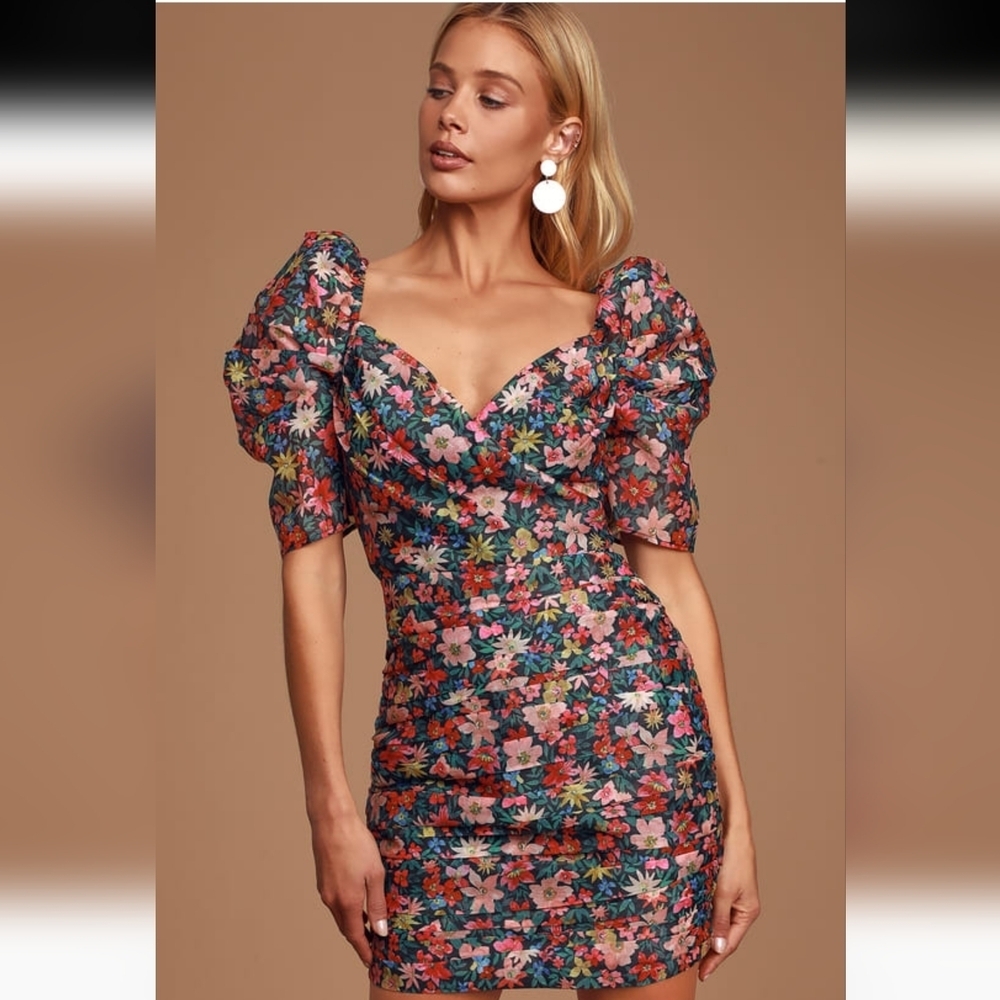 C/MEO Collective Red Pink Sheath Mini Dress Sweetheart Puff Sleeves - Picture 2 of 10